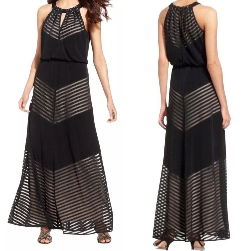 NEW NWT London Times Cocktail Sleeveless Maxi Dress Size 16 Black & Tan‎ Chevron